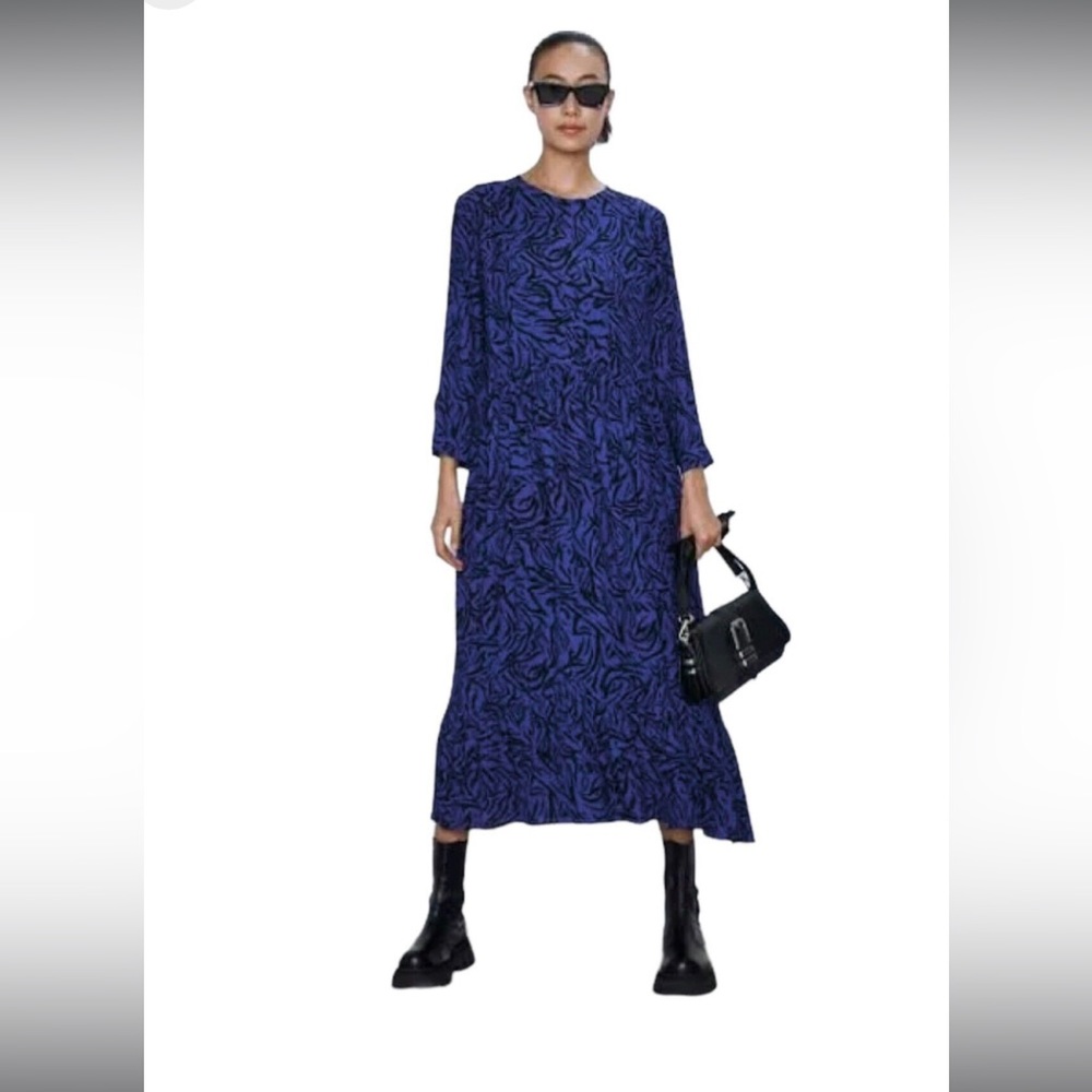 Zara Womens Zebra Midi Dress Blue Black Animal, S